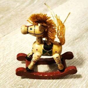 Wooden Rocking Horse Ornament with Red and Gold Accents